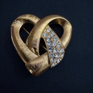 Monet Brushed Goldtone Pave Crystals Heart Pin Brooch Signed 1.5"